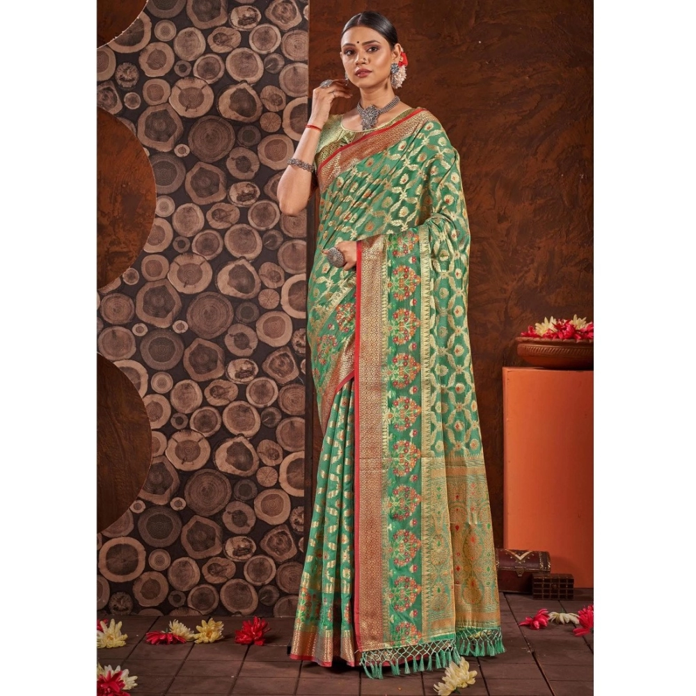 Generic Women's Organza Printed Saree With Unstitched Blouse (Sea Green, 5-6 Mtrs)