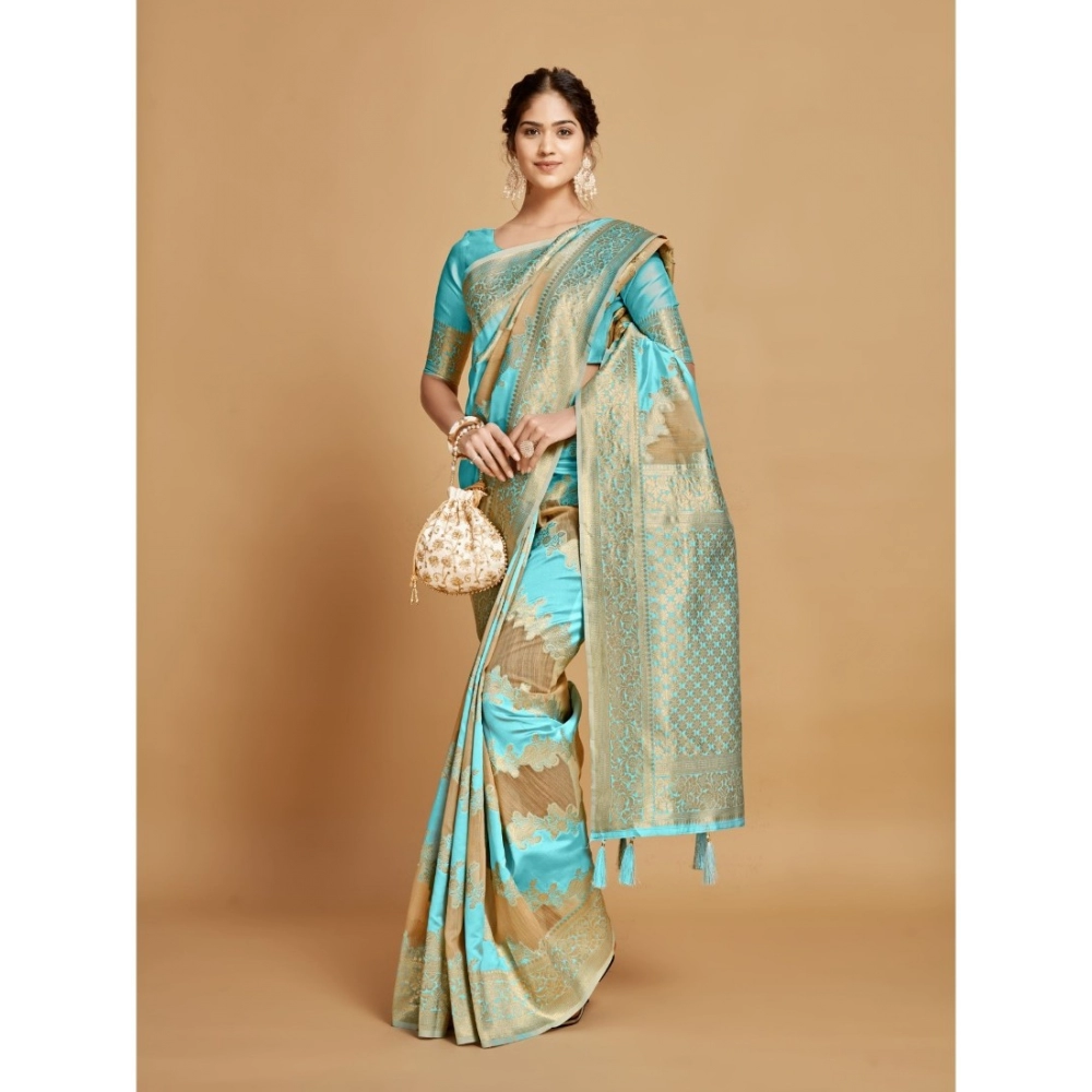 Generic Women's Linen Printed Saree With Unstitched Blouse (Sky Blue, 5-6 Mtrs) - Image 4