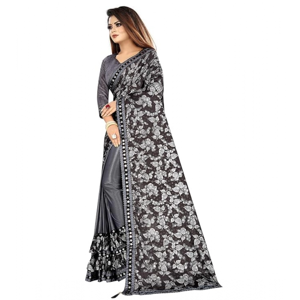 Generic Women's Lycra Solid Saree With Unstitched Blouse (Grey, 5.5 Mtr) - Image 4