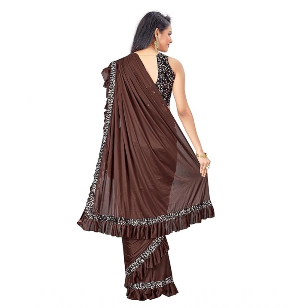 Generic Women's Lycra Solid Saree With Unstitched Blouse (Brown, 5.5 Mtr) - Image 3