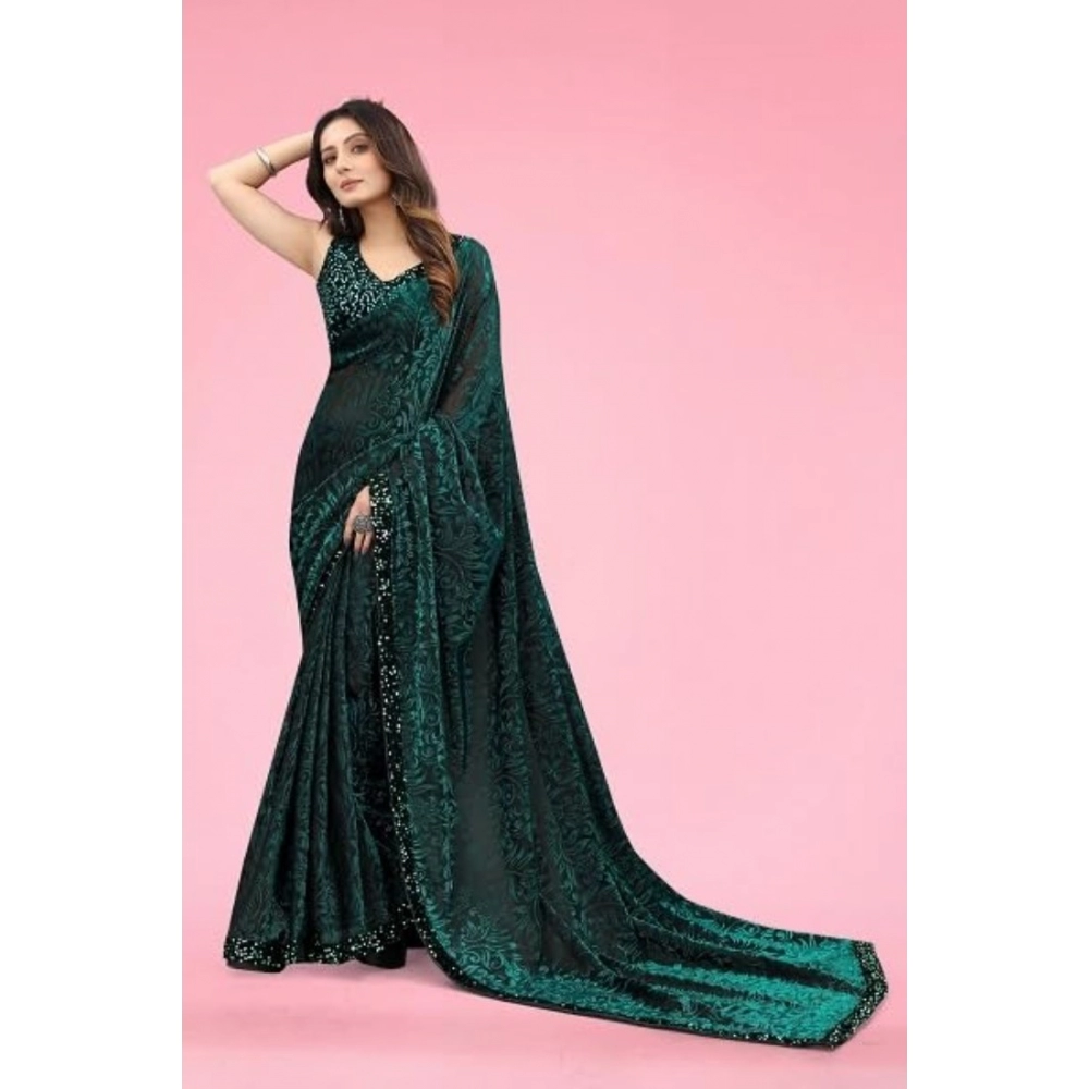 Generic Women's Lycra Floral Saree With Unstitched Blouse (Green, 5.5 Mtr) - Image 4