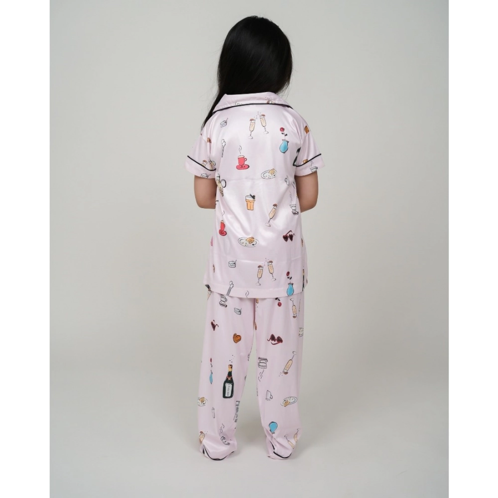 Generic Girl's Silk Bleand Printed Short Sleeve Night Suit Set (Light Pink) - Image 4